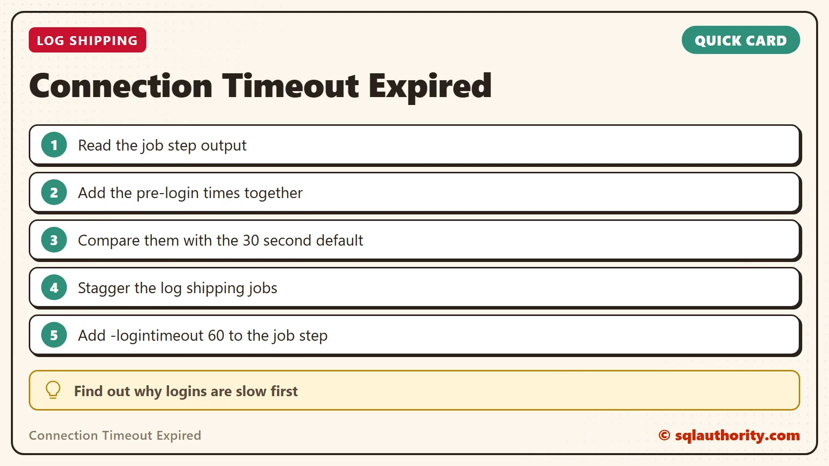 Quick reference card: Connection Timeout Expired