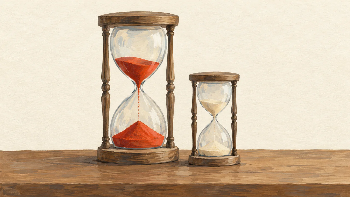 Gouache painting of two hourglasses of different sizes standing on a wooden desk, with the larger one holding vermilion sand