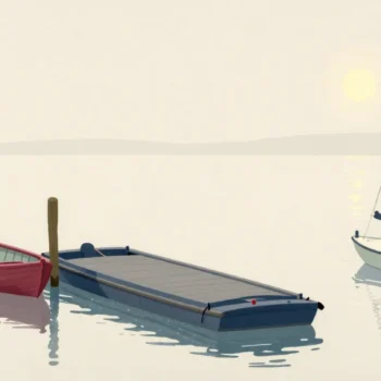 Gouache painting of a vermilion rowboat, a flat barge and a white sailboat at a calm mooring