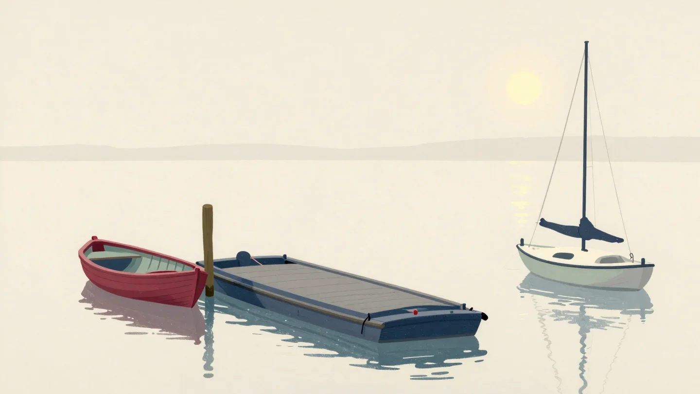 Gouache painting of a vermilion rowboat, a flat barge and a white sailboat at a calm mooring