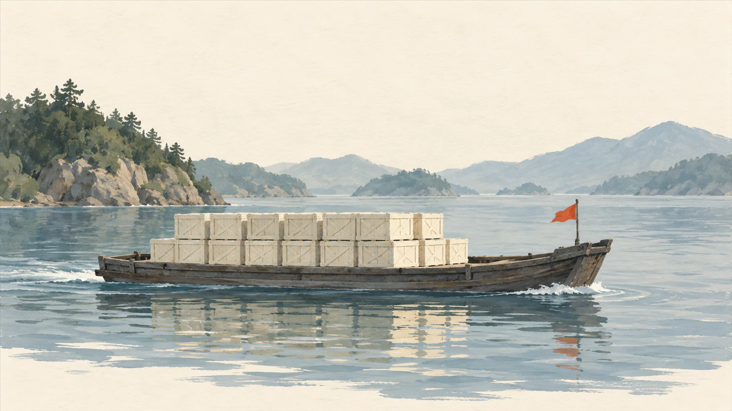 Gouache painting of a flat wooden barge carrying a neat stack of cream crates across calm slate-blue water, with a vermilion flag at the bow