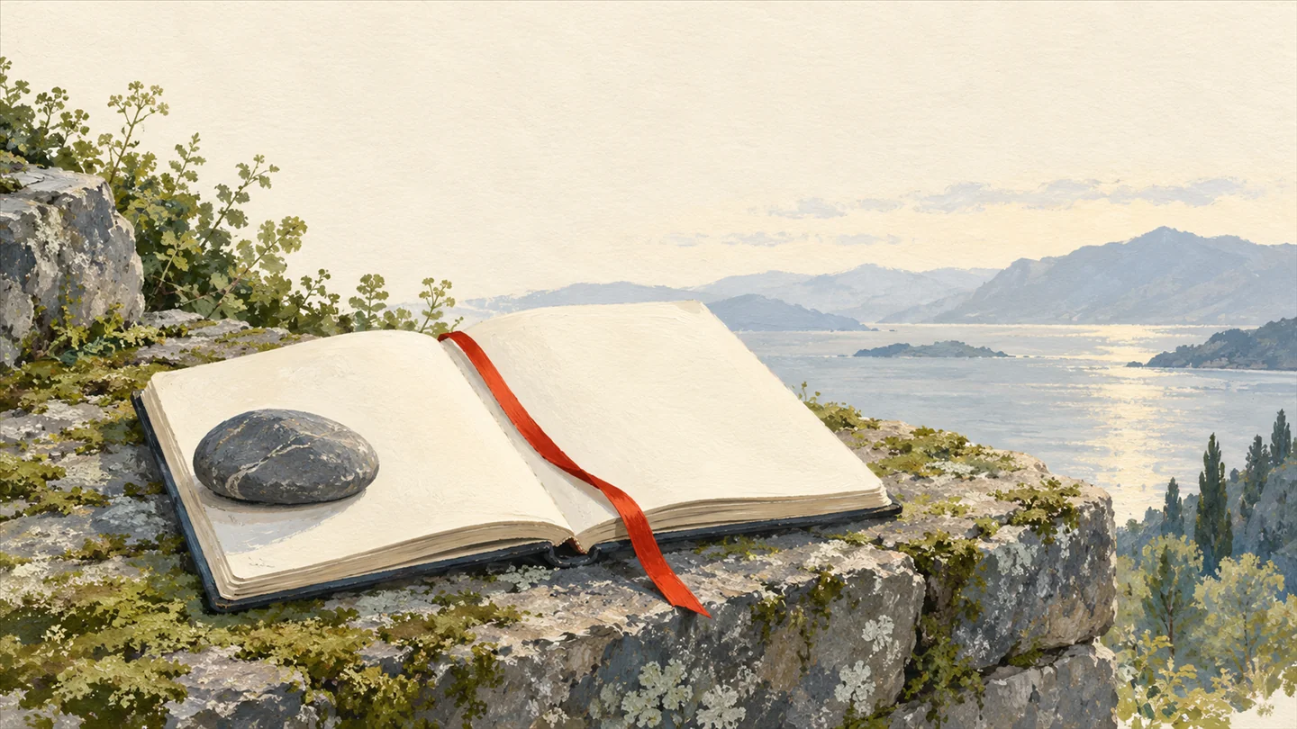 Gouache painting of an open blank notebook on a mossy stone ledge with a smooth grey stone and a vermilion bookmark ribbon