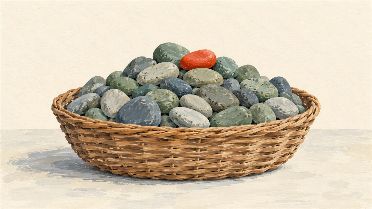 Gouache painting of a wide wicker basket heaped with small sage and grey pebbles, with one vermilion pebble on top