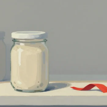 Gouache painting of a shelf of preserve jars with one empty jar and a bare gap holding a vermilion ribbon