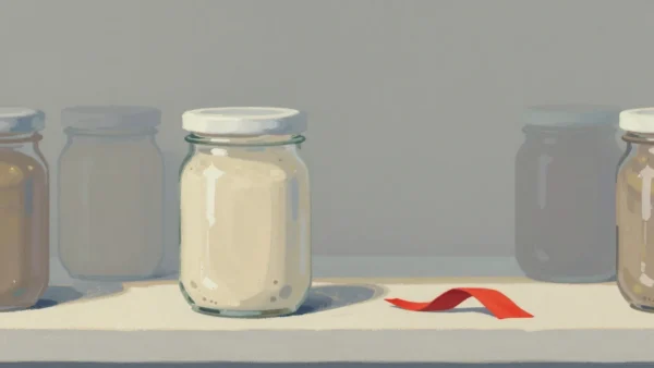 Gouache painting of a shelf of preserve jars with one empty jar and a bare gap holding a vermilion ribbon