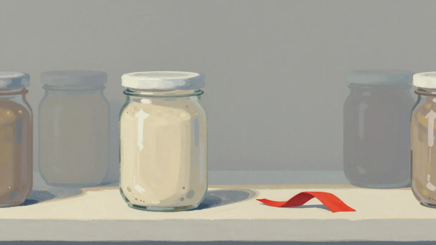 Gouache painting of a shelf of preserve jars with one empty jar and a bare gap holding a vermilion ribbon