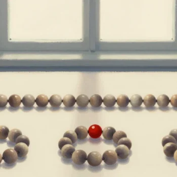 Gouache painting of a strand of wooden beads above three small rings of beads, the middle ring holding one vermilion bead