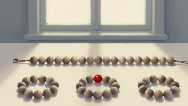 Gouache painting of a strand of wooden beads above three small rings of beads, the middle ring holding one vermilion bead