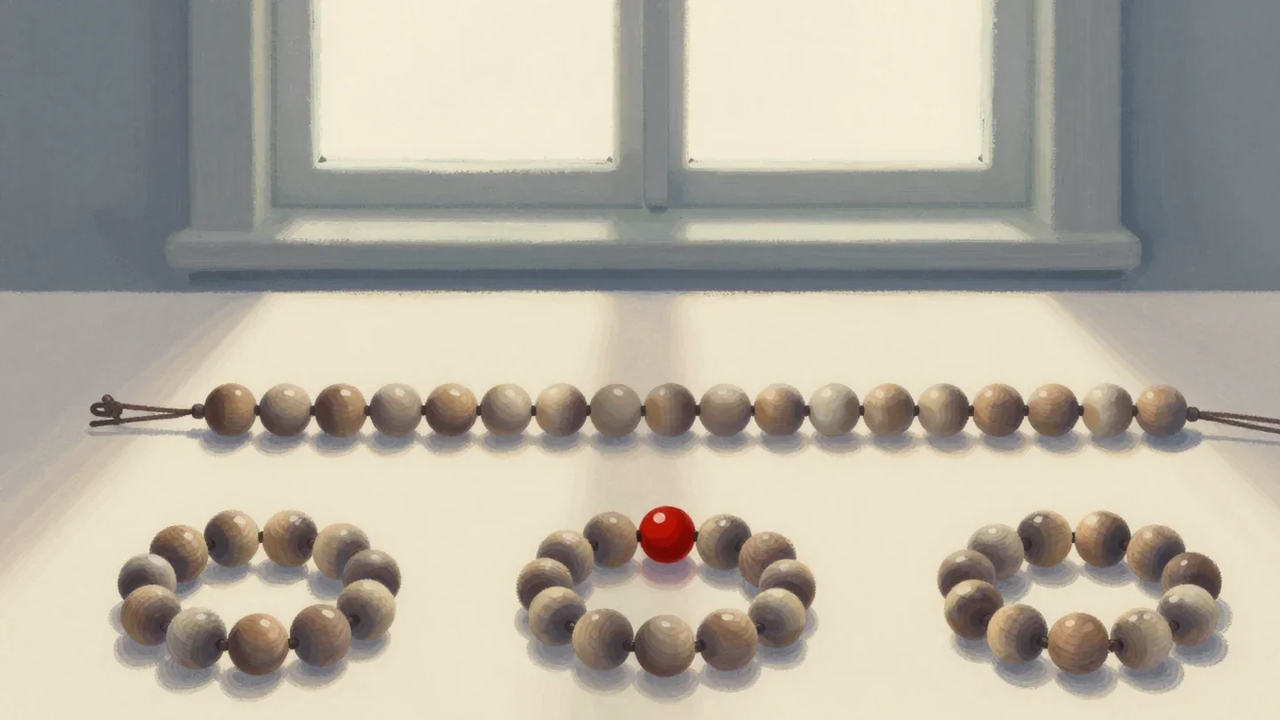 Gouache painting of a strand of wooden beads above three small rings of beads, the middle ring holding one vermilion bead