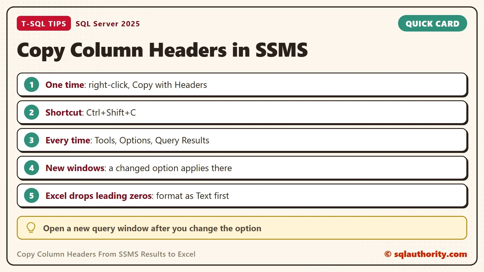 Quick card titled Copy Column Headers in SSMS: One time: right-click, Copy with Headers; Shortcut: Ctrl+Shift+C; Every time: Tools, Options, Query Results; New windows: a changed option applies there; Excel drops leading zeros: format as Text first. Tip: Open a new query window after you change the option
