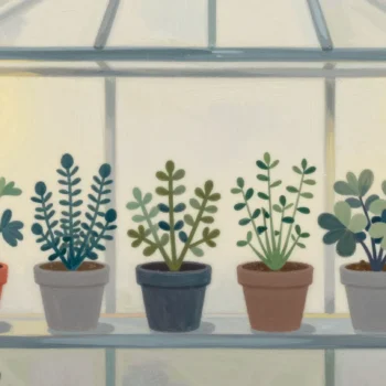 Gouache painting of a row of potted herbs on two greenhouse shelves with the lead pot painted red