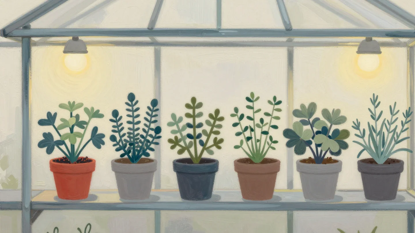 Gouache painting of a row of potted herbs on two greenhouse shelves with the lead pot painted red