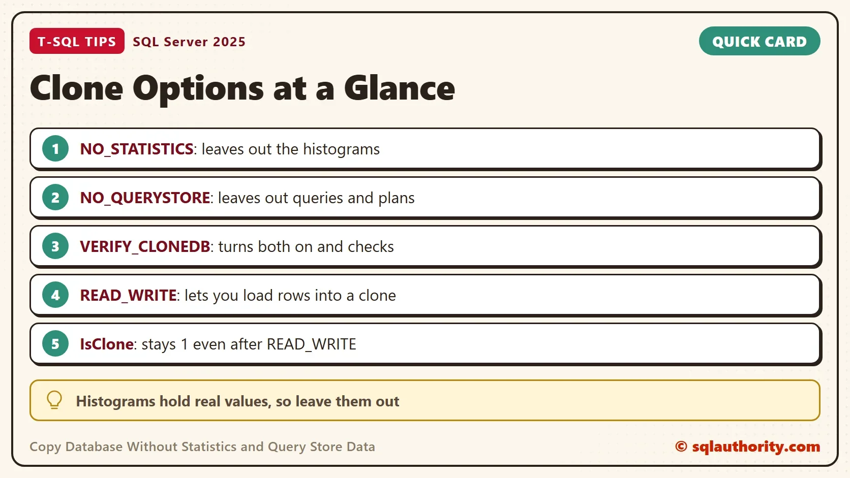 Quick card titled Clone Options at a Glance: NO_STATISTICS: leaves out the histograms. NO_QUERYSTORE: leaves out queries and plans. VERIFY_CLONEDB: turns both on and checks. READ_WRITE: lets you load rows into a clone. IsClone: stays 1 even after READ_WRITE. Tip: Histograms hold real values, so leave them out.