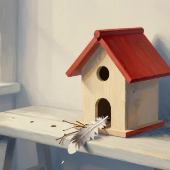 Gouache painting of a wooden birdhouse with a vermilion roof, a feather and twigs at its doorway, on a wooden bench