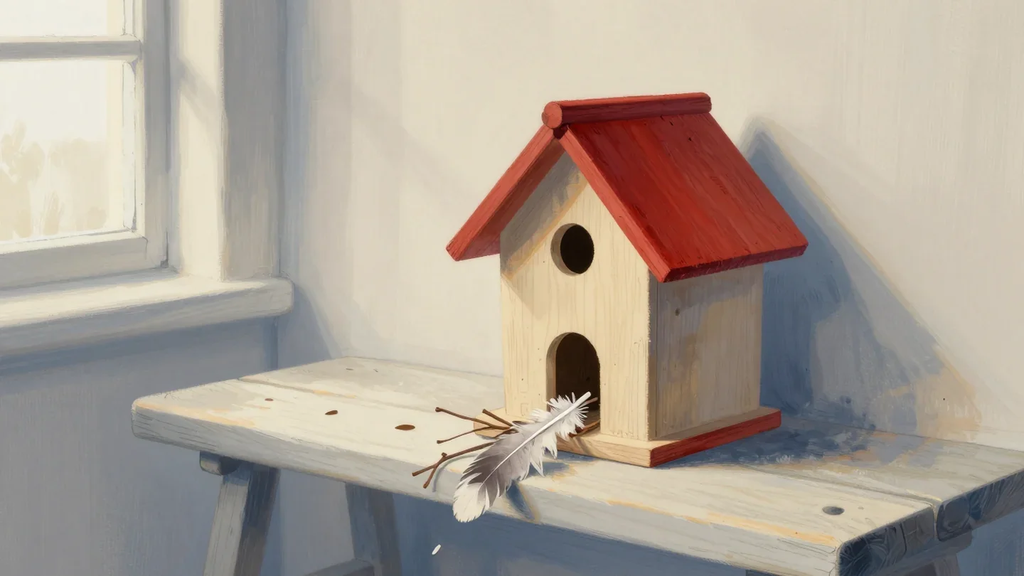 Gouache painting of a wooden birdhouse with a vermilion roof, a feather and twigs at its doorway, on a wooden bench