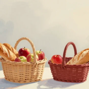 Gouache painting of two matching picnic baskets, one full and one nearly empty in vermilion
