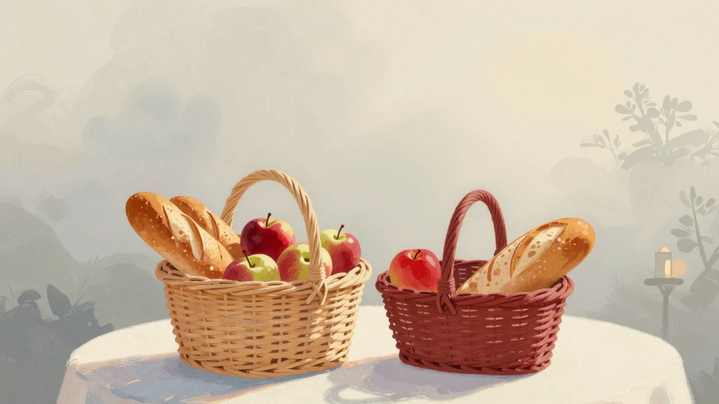Gouache painting of two matching picnic baskets, one full and one nearly empty in vermilion