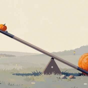 Gouache painting of a seesaw weighed down by one huge orange pumpkin at one end, with a tiny pumpkin raised at the other