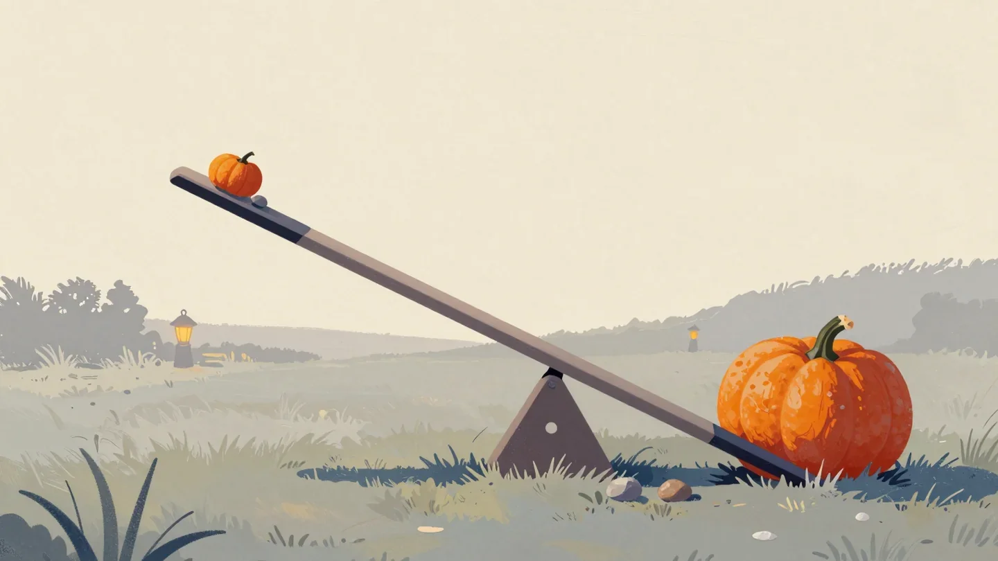Gouache painting of a seesaw weighed down by one huge orange pumpkin at one end, with a tiny pumpkin raised at the other