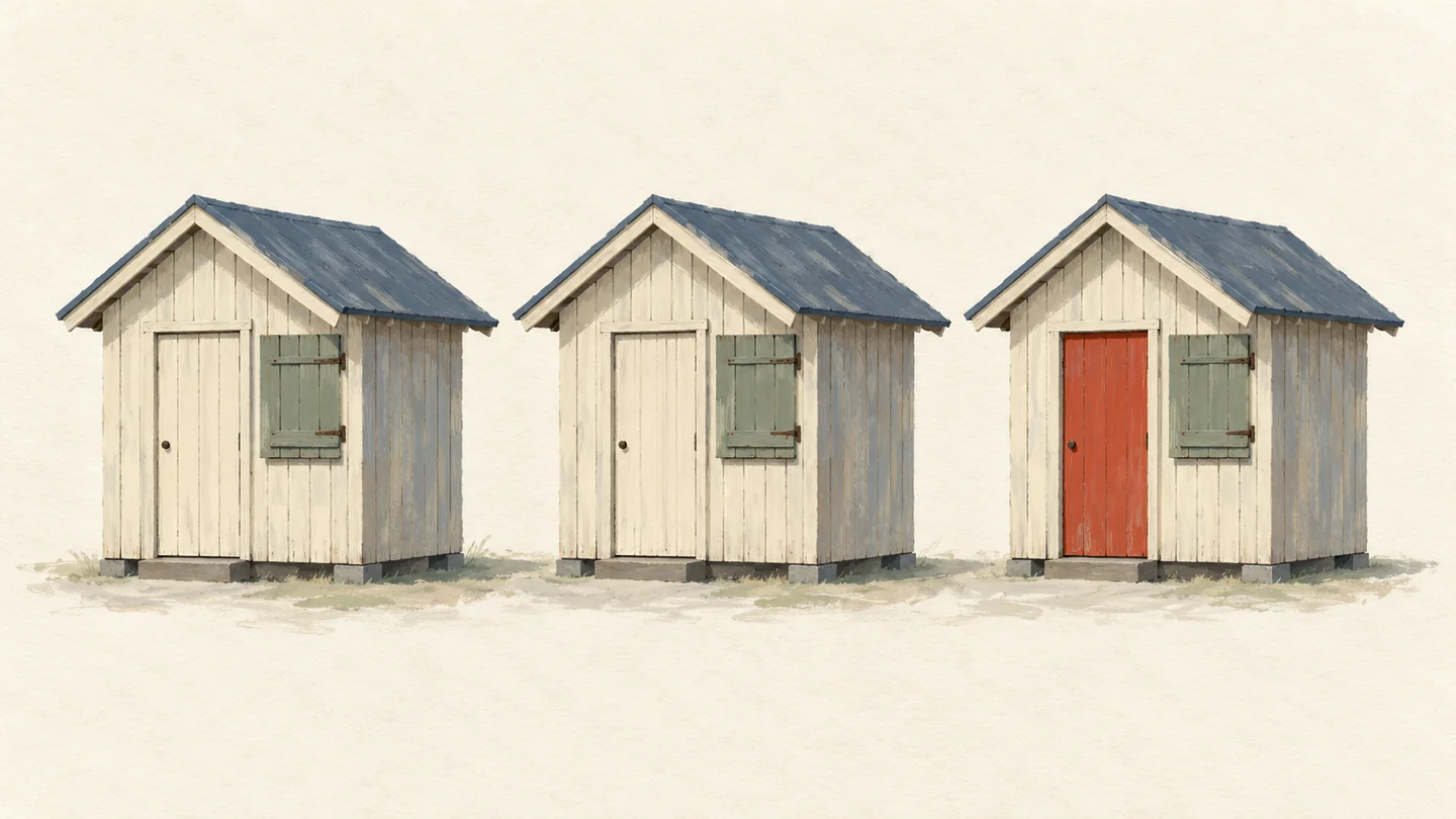 Gouache painting of a row of three identical small wooden watchman huts, with the third hut having a vermilion door and a closed shutter