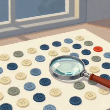 Gouache painting of a board of cream and slate blue buttons under a magnifying glass with a vermilion handle