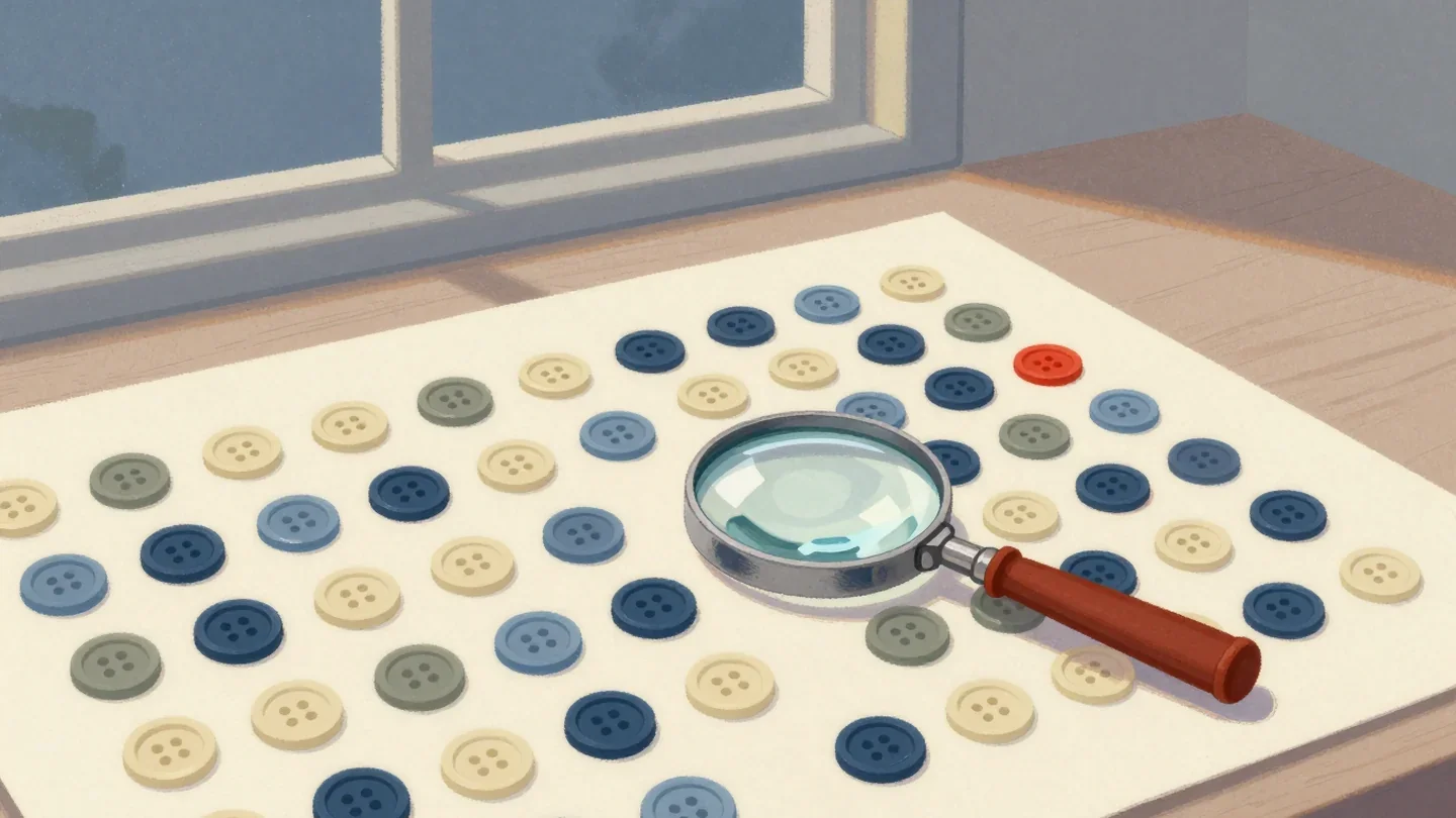 Gouache painting of a board of cream and slate blue buttons under a magnifying glass with a vermilion handle