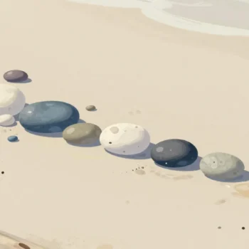 Gouache painting of a heap of pebbles with one of each kind lined along driftwood, one pebble vermilion