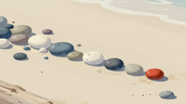 Gouache painting of a heap of pebbles with one of each kind lined along driftwood, one pebble vermilion