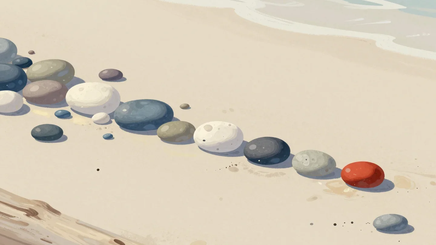 Gouache painting of a heap of pebbles with one of each kind lined along driftwood, one pebble vermilion