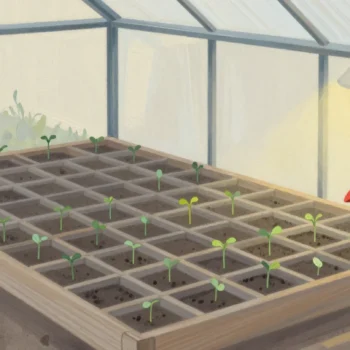 Gouache painting of a seedling tray with most cells sprouted and three empty, with a vermilion watering can beside it