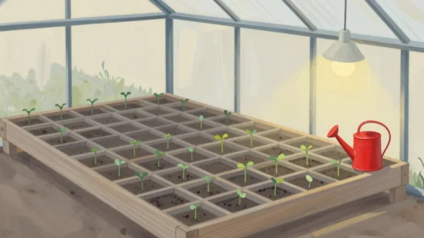 Gouache painting of a seedling tray with most cells sprouted and three empty, with a vermilion watering can beside it