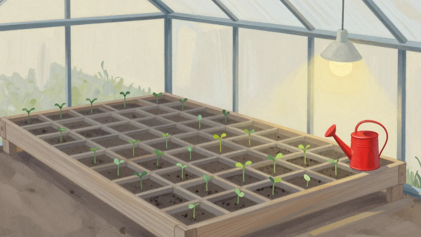 Gouache painting of a seedling tray with most cells sprouted and three empty, with a vermilion watering can beside it