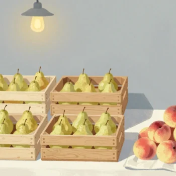 Gouache painting of three neat crates of pears beside a loose heap of peaches on a red cloth