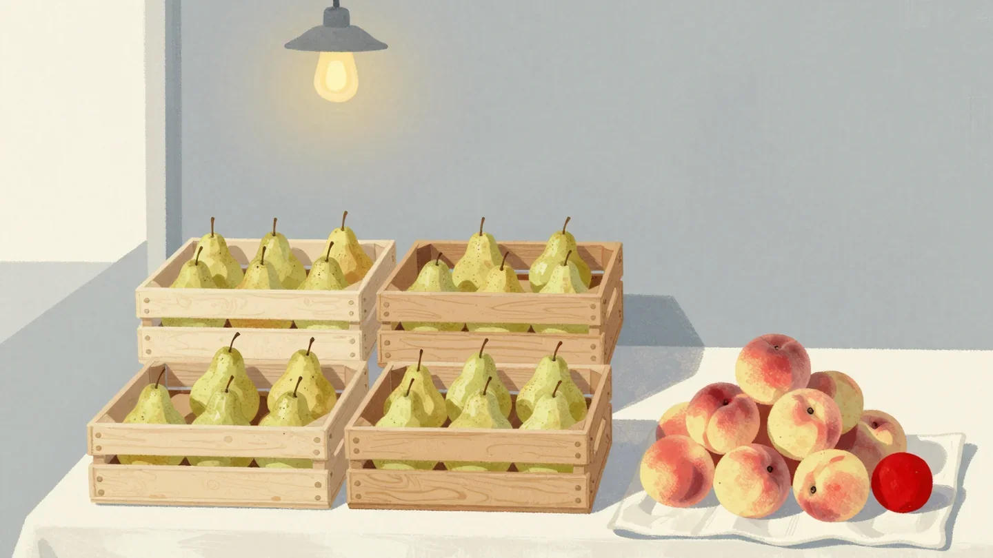 Gouache painting of three neat crates of pears beside a loose heap of peaches on a red cloth