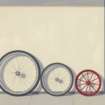 Gouache painting of three bicycle wheels of different sizes on a rack, the smallest vermilion
