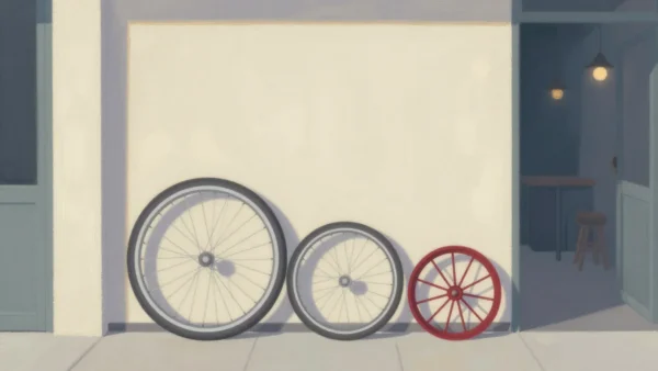 Gouache painting of three bicycle wheels of different sizes on a rack, the smallest vermilion