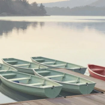 Gouache painting of a row of identical sage rowboats at a lake dock with the last boat painted vermilion