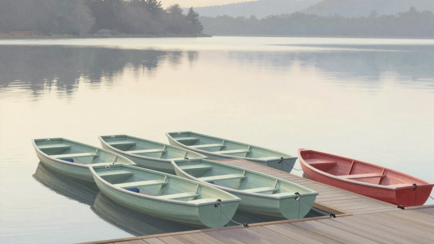 Gouache painting of a row of identical sage rowboats at a lake dock with the last boat painted vermilion