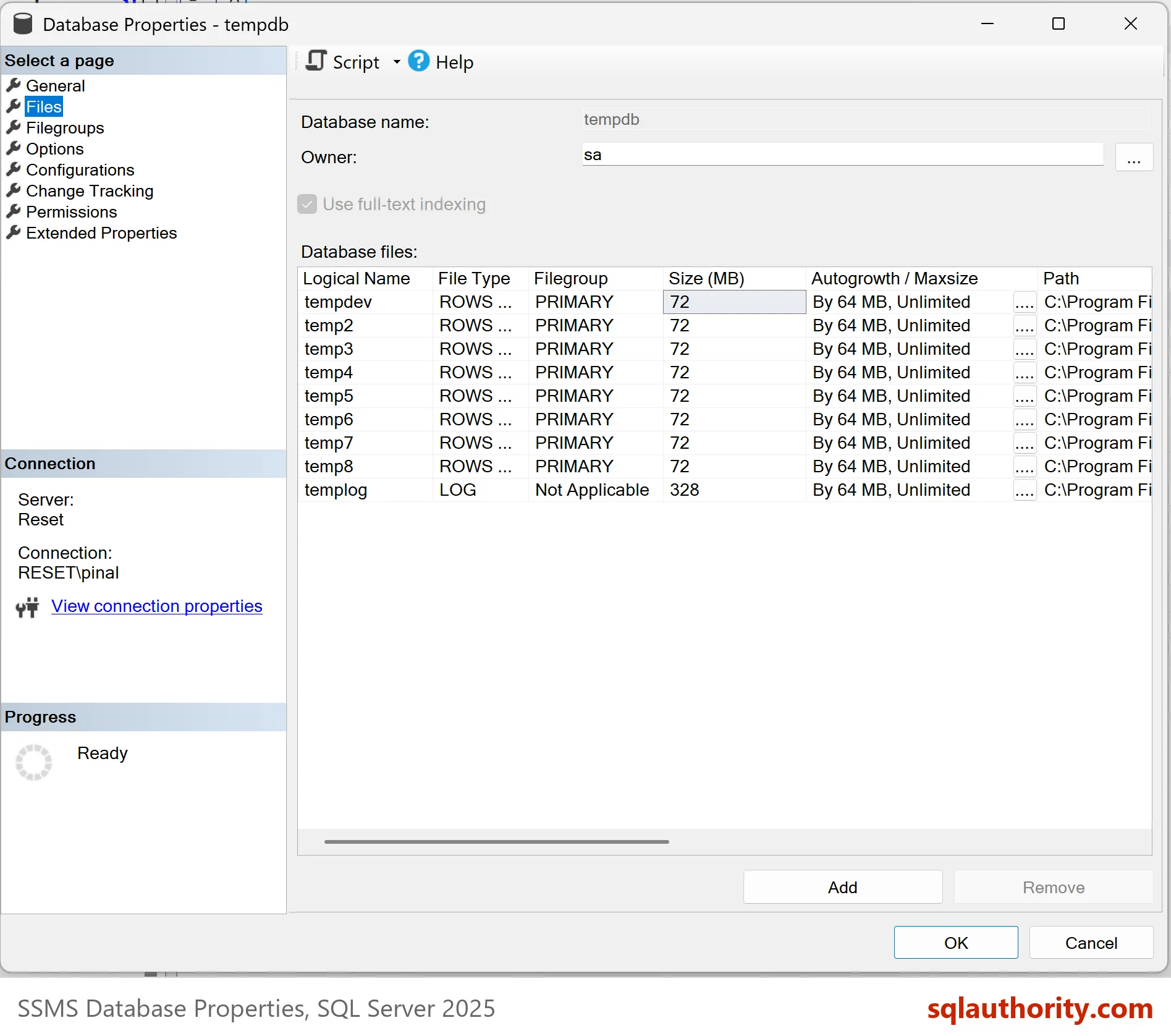 Database Properties for tempdb, Files page: eight data files tempdev and temp2 to temp8 (ROWS, 72 MB, autogrowth 64 MB) and the templog file.