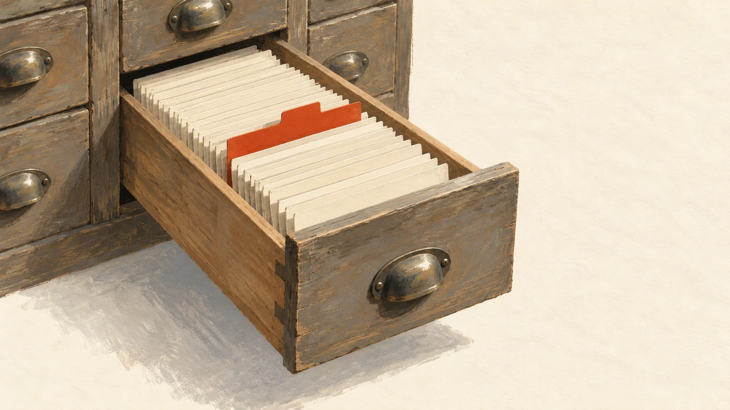 Gouache painting of the same card catalog drawer with the cards standing in neat order and a single vermilion divider between them