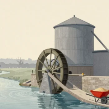 Gouache painting of a turning waterwheel at a mill while a vermilion wheelbarrow of grain climbs a long ramp