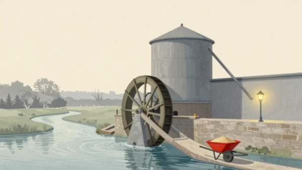 Gouache painting of a turning waterwheel at a mill while a vermilion wheelbarrow of grain climbs a long ramp