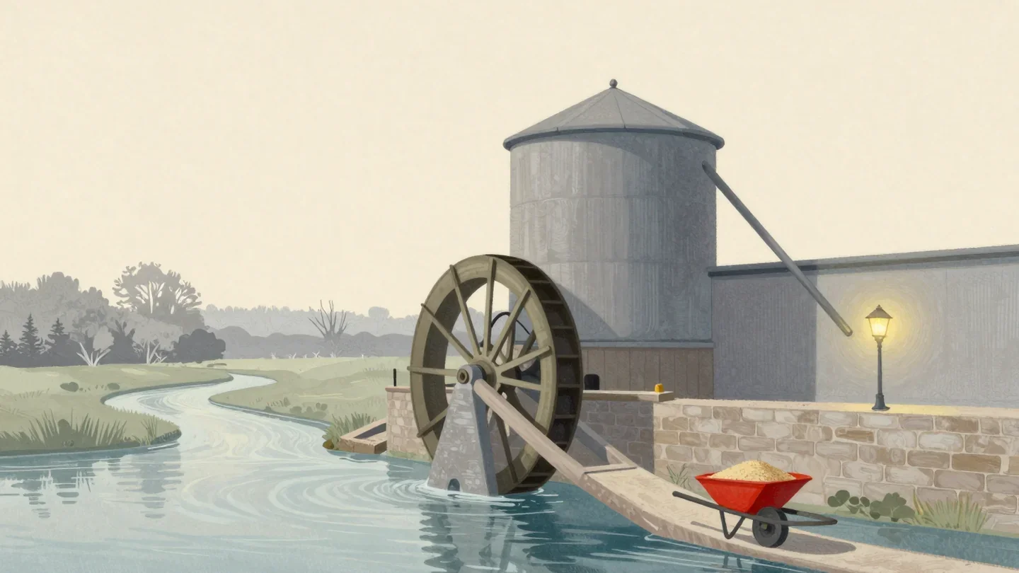 Gouache painting of a turning waterwheel at a mill while a vermilion wheelbarrow of grain climbs a long ramp