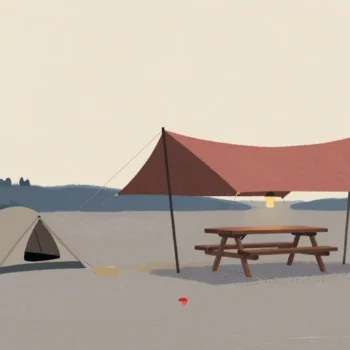 Gouache painting of a small tent beside a large open-sided vermilion canopy over a picnic table