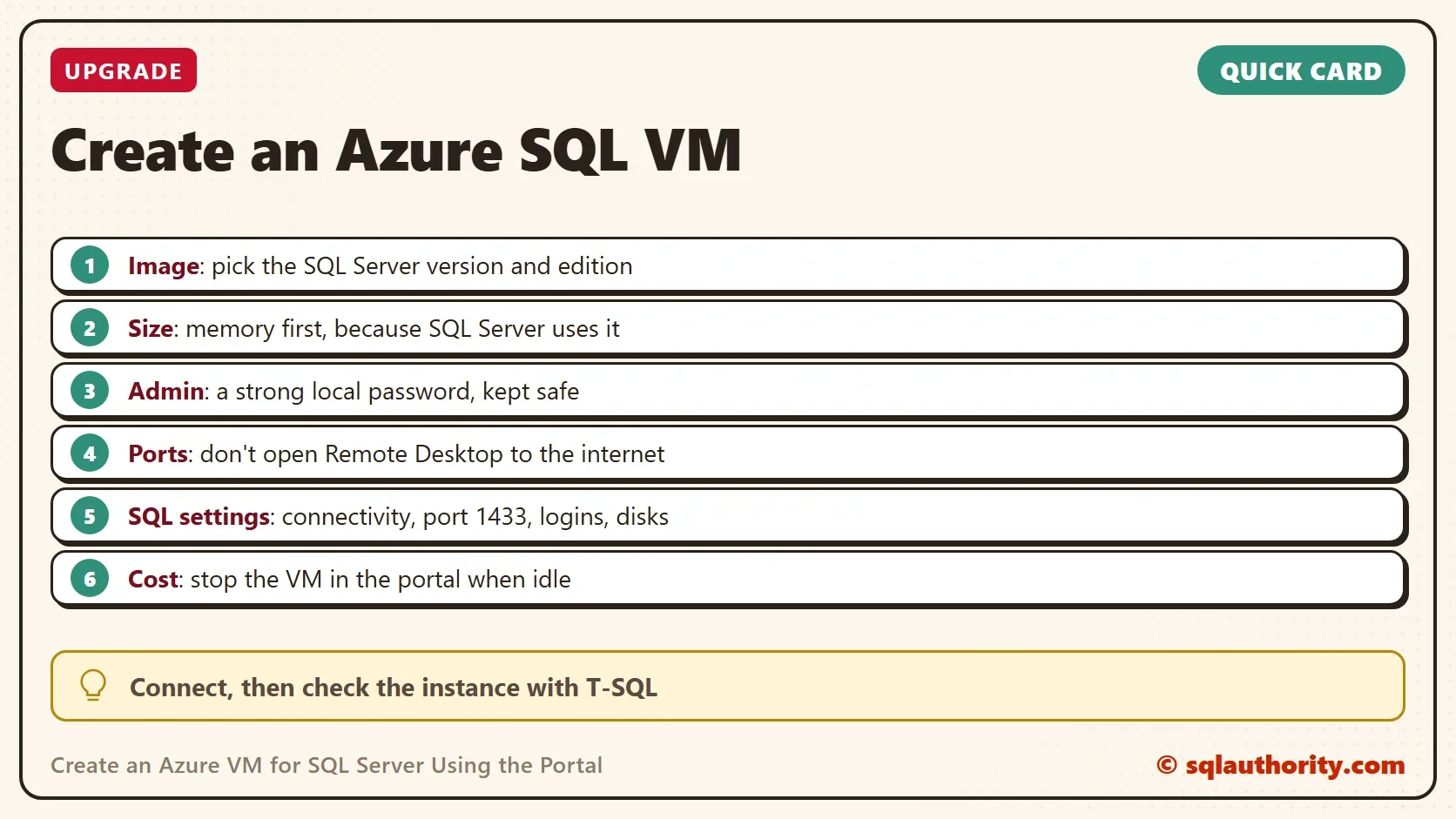 Quick card titled Create an Azure SQL VM: Image: pick the SQL Server version and edition; Size: memory first, because SQL Server uses it; Admin: a strong local password, kept safe; Ports: don't open Remote Desktop to the internet; SQL settings: connectivity, port 1433, logins, disks; Cost: stop the VM in the portal when idle. Tip: Connect, then check the instance with T-SQL