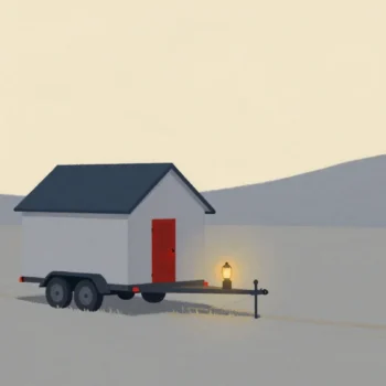 Gouache painting of a small cottage on a trailer being moved to a hilltop, its door painted red