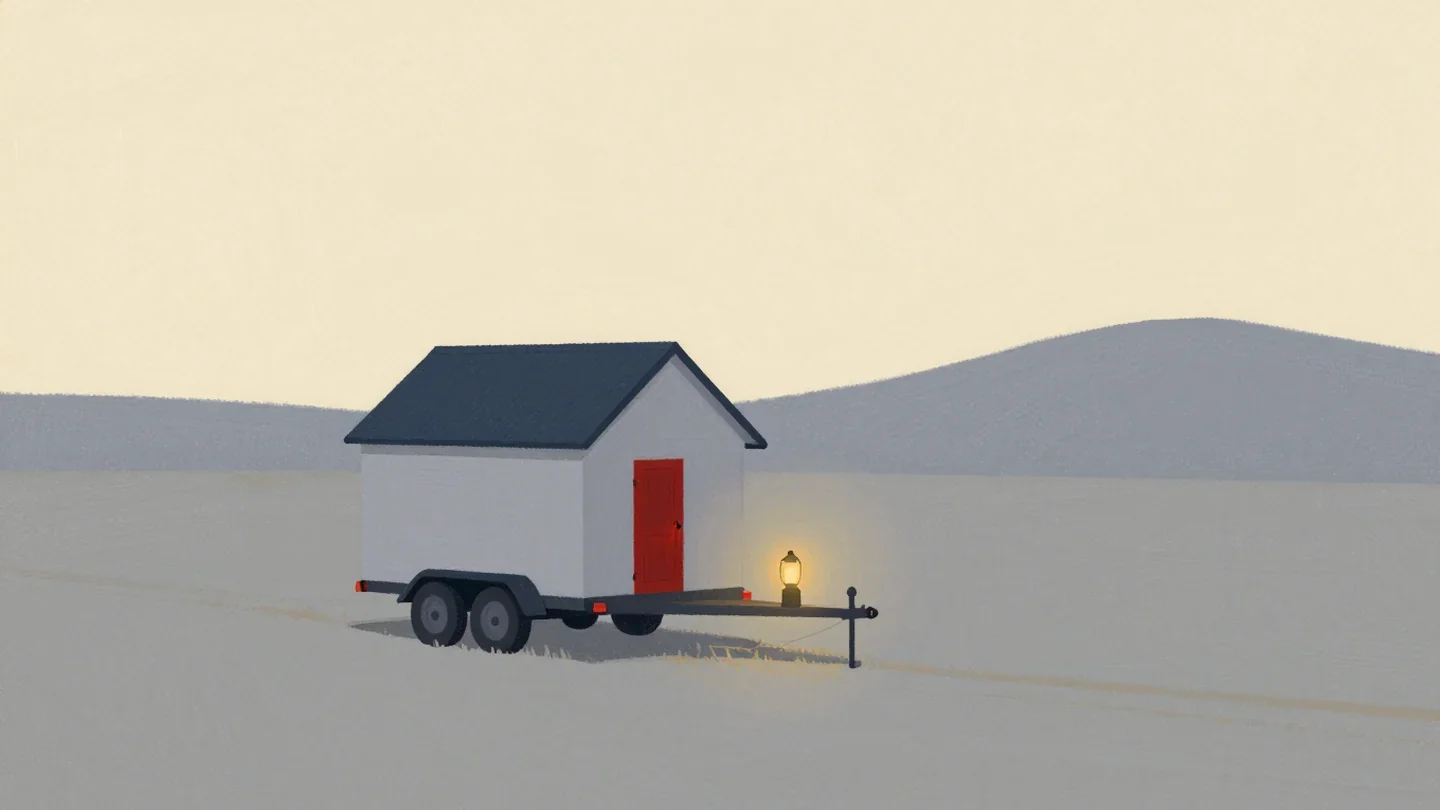 Gouache painting of a small cottage on a trailer being moved to a hilltop, its door painted red