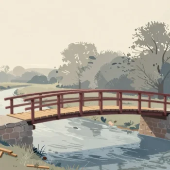 Gouache painting of an old stone bridge still open with a new footbridge beside it with a vermilion rail