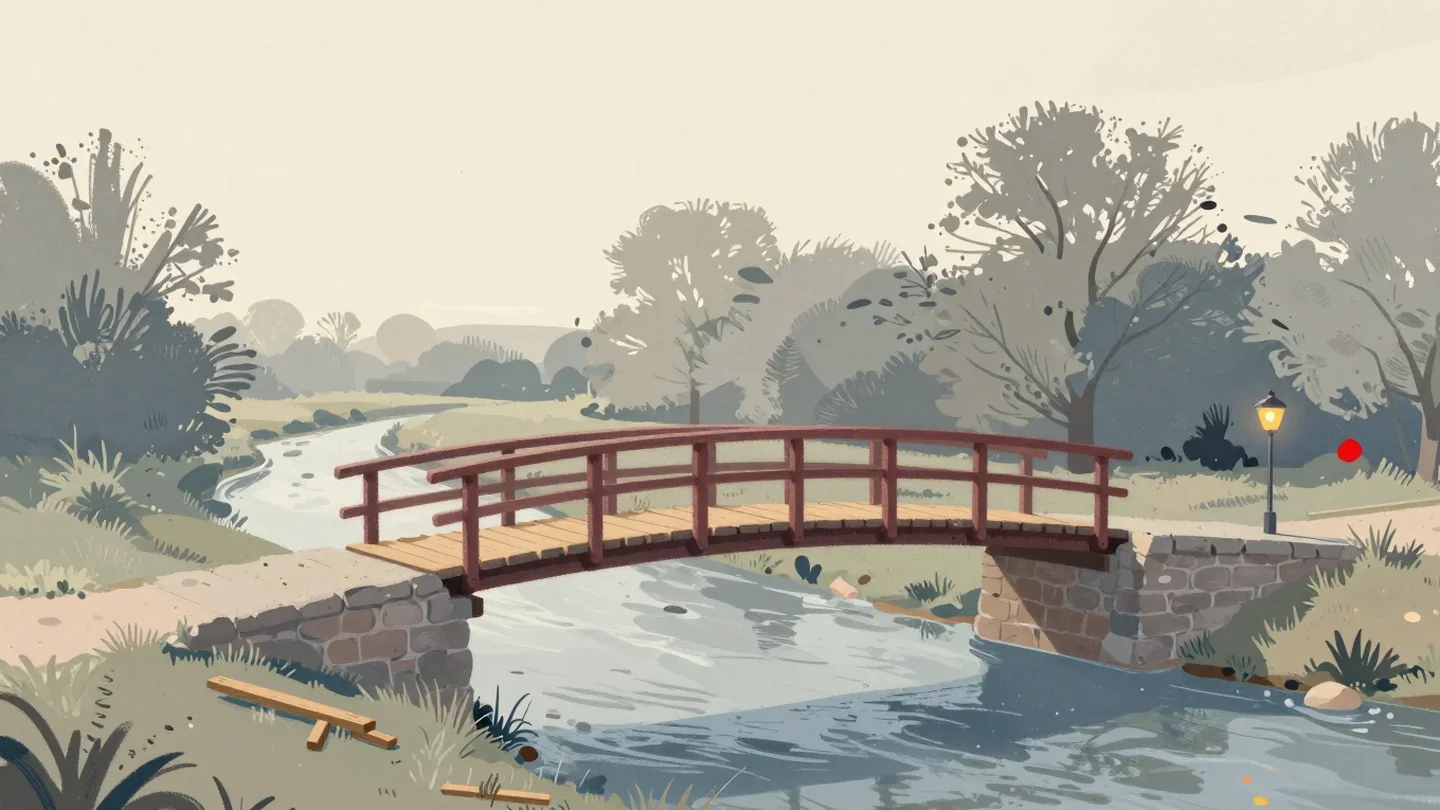 Gouache painting of an old stone bridge still open with a new footbridge beside it with a vermilion rail