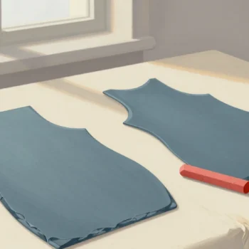 Gouache painting of a pattern piece and its freshly cut copy on a sewing table with a stick of vermilion chalk